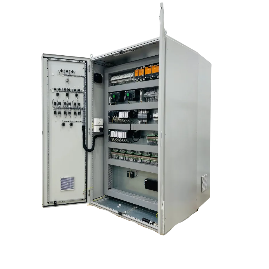 Large PLC control panel open showing internal wiring and PLC racks