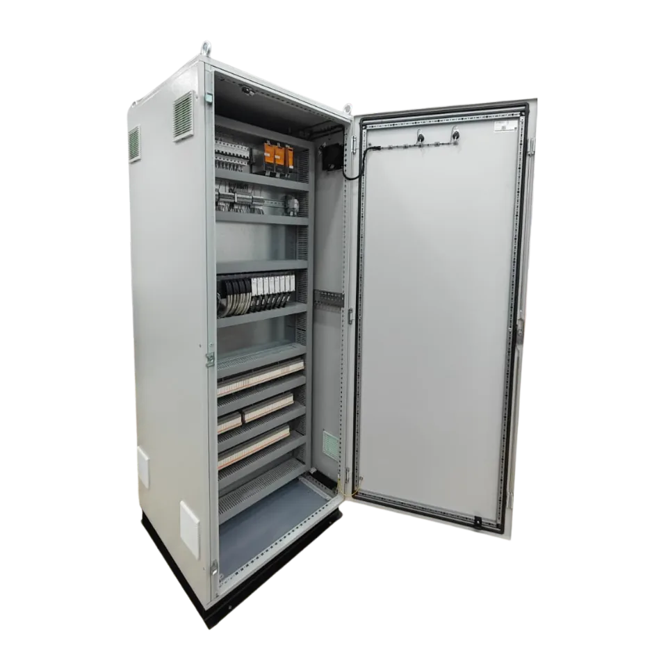 Tall PLC enclosure open showing DIN rails