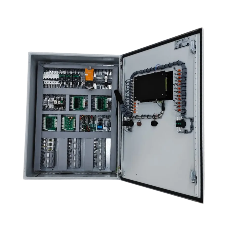 Control panel interior with PCBs and terminal blocks
