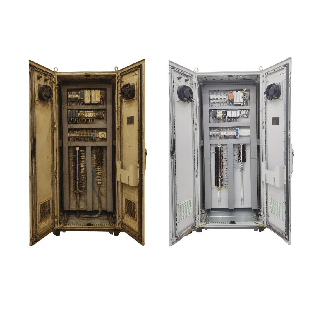 Control cabinet retrofit before and after comparison